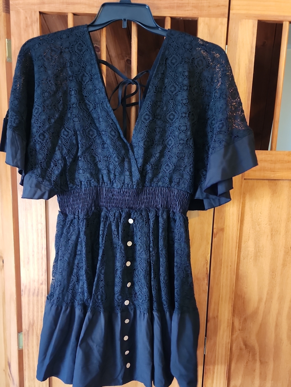 BLACK Lace Button accent Mini Dress with Smocked Waist